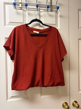 entro Brick Red V-Neck Short Sleeve Blouse